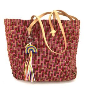 Consuela Wendy Woven Strap Tote Beaded Rainbow Charm Pink Boho Statement Bag
